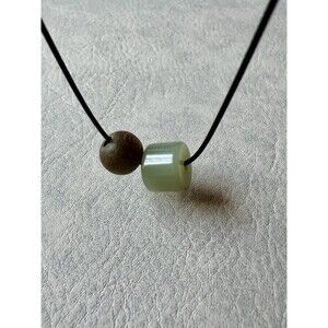 Celadon Jade Ring Wood Bead Necklace Adjustable Minimalist Cord Necklace